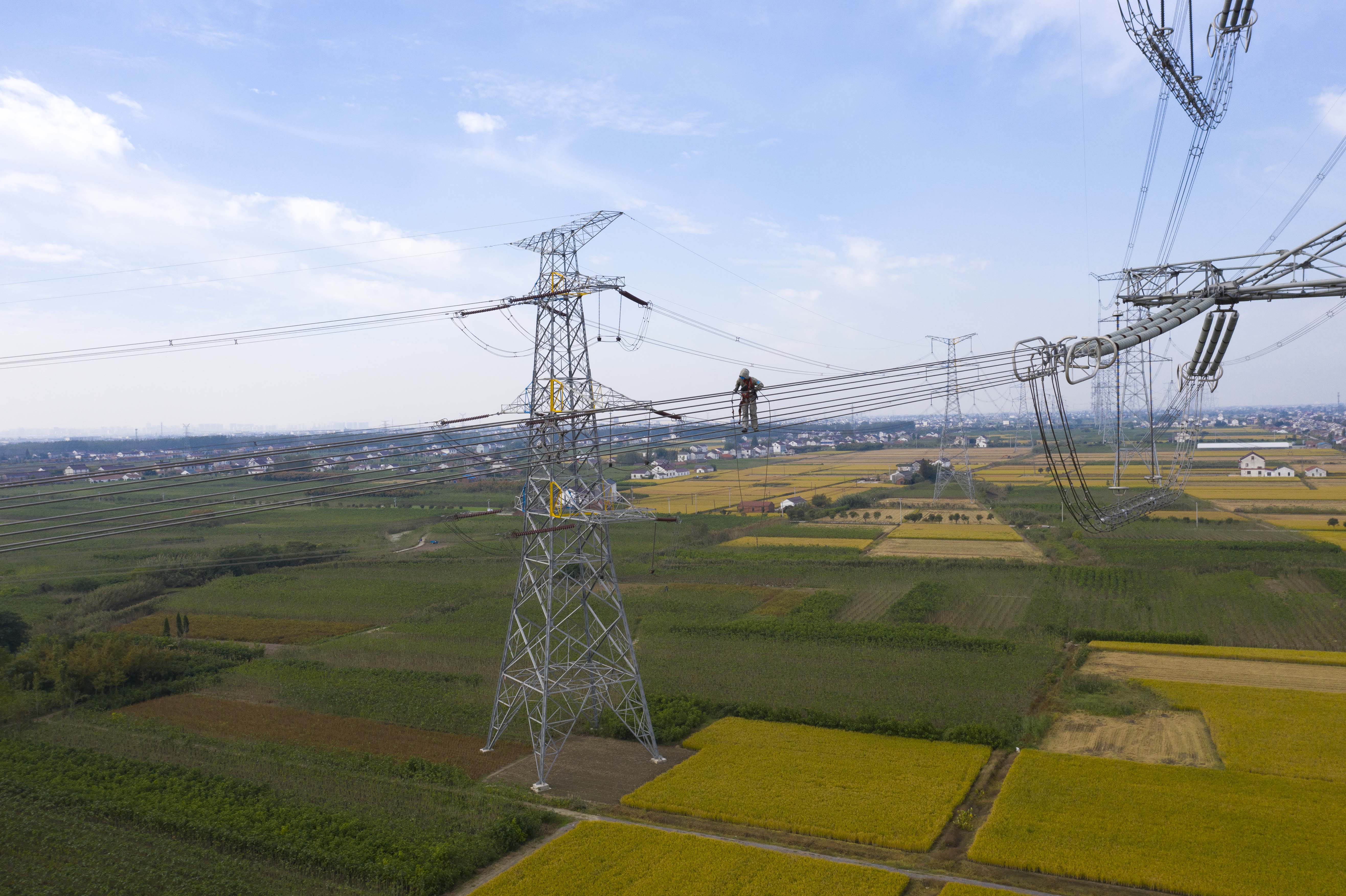 组图∣江苏东台电力蜘蛛侠高空走线忙