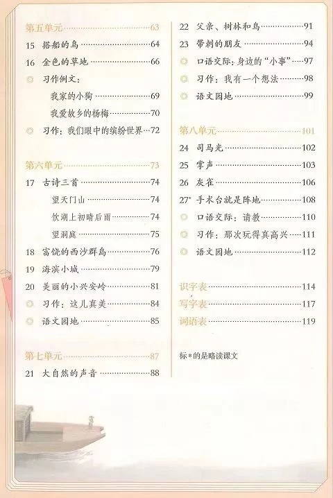 比如三年级上册第五单元要求学生精读课文《搭船的鸟》《金色的草地》